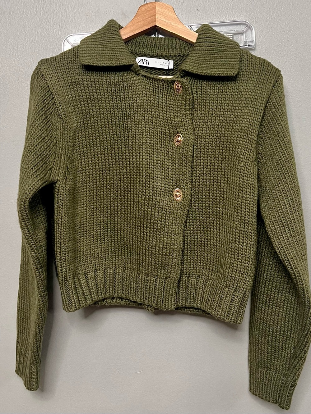 NWT Zara Viral Olive Green Knit 2 Piece Set Collared Cropped Cardigan & Skirt SM